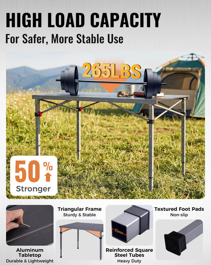 KingCamp Folding Camping Table Foldable Loads 265 Lbs, 42.1"× 27.6" Portable Table 3 Adjustable Height Aluminum Roll Up Camp Table with Carry Bag for Camping Picnic BBQ Backyard, Indoor & Outdoor