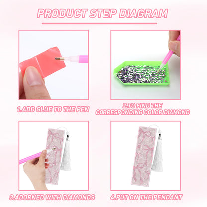 8 Pcs Bow Diamond Art Bookmarks Kit with Tassels, Cute Pink Diamond Painting Bookmarks for Women Book Lovers, DIY Bookmark Making Kit for Adults Beginners Aesthetic Crafts