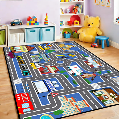 Car Rugs for Kids Toy Cars - Car Track Carpet Blue Road Rug for Kids, Car Traffic Road Play Mat for Room Bedroom Decor, 4'×5'