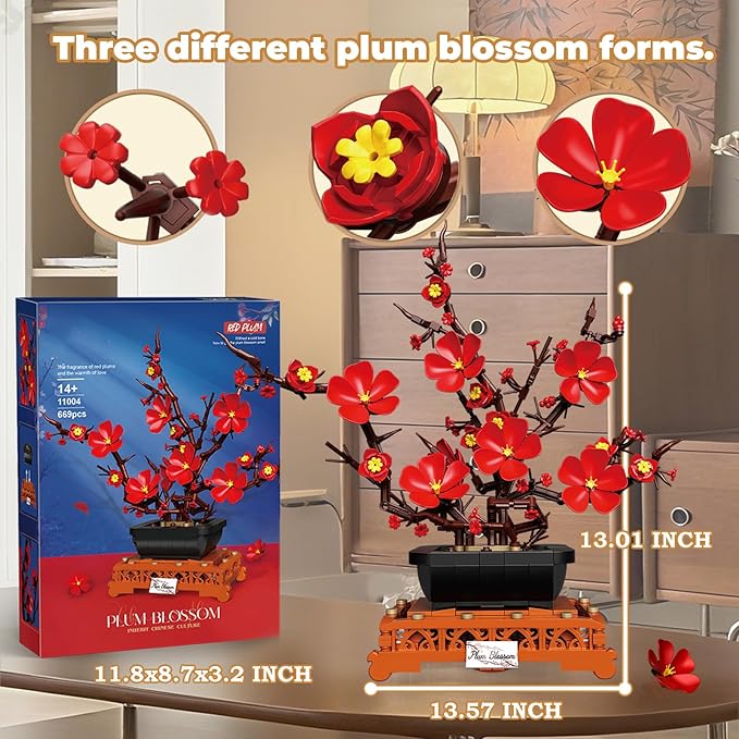 Plum Blossom Building Sets Flower Pot Set Compatible with Lego Botanical Collection for Adults Artificial Bouquet Flower Arrangement Living Room Home Office Decor Ideal Gift 669PCS