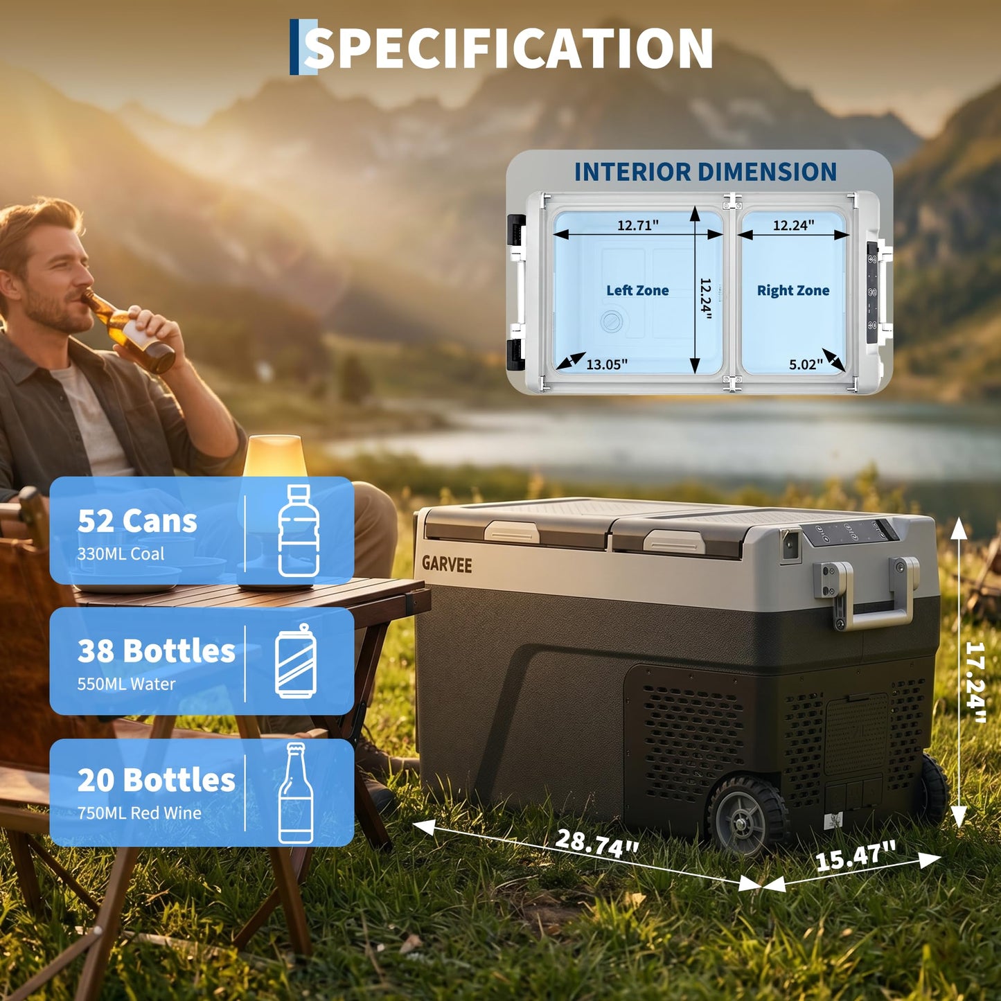 Garvee 40QT(38L) Car Refrigerator,12/24V DC & 100-240V AC Compressor Electric Cooler,Dual Zone,APP Control,-4℉-68℉,Portable Refrigerator with Wheels for Outdoor Camping,Travel Vehicles Home Use