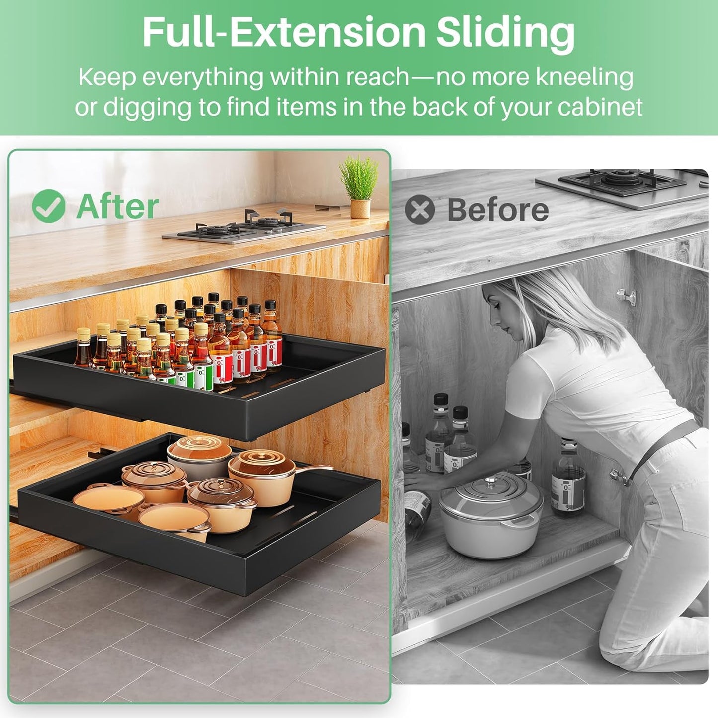 Pull Out Cabinet Organizer - Heavy Duty 21" Deep Full-Extension Drawers for Kitchen & Bathroom | Black