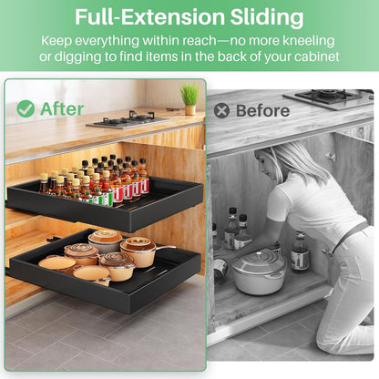 Pull Out Cabinet Organizer - Heavy Duty 21" Deep Full-Extension Drawers for Kitchen & Bathroom | Black