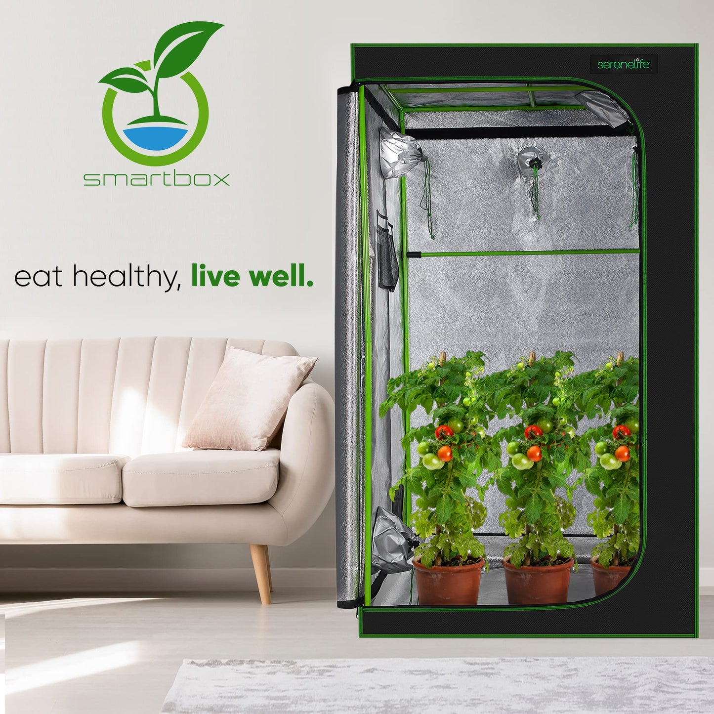 SereneLifeHome Medium Hydroponic Grow Tent Garden-48'' x 48'' x 80'' Indoor Plant Growing System w/Durable Reflective 600D Mylar,Observation Window-Includes Removable Floor Tray,Black,Green,SLGT48M