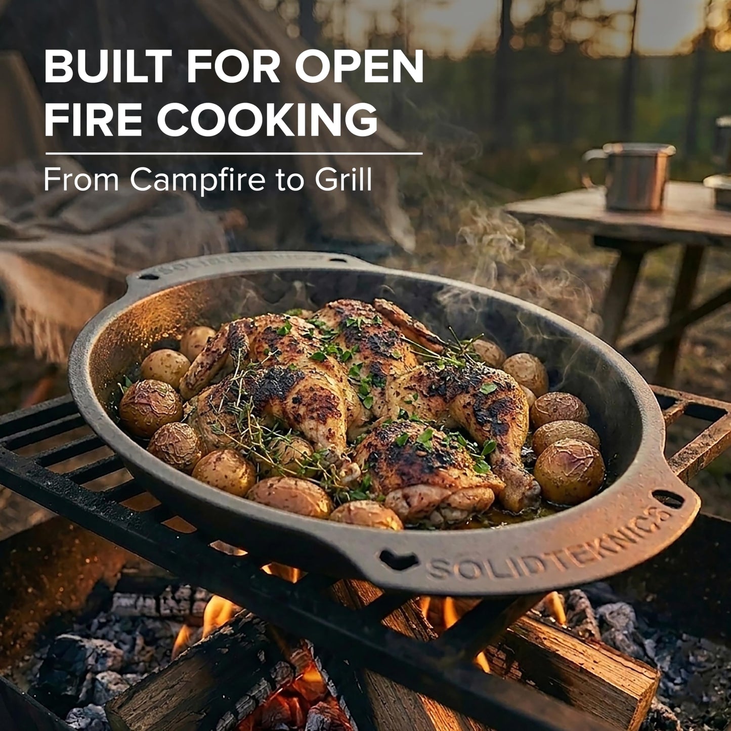 SOLIDTEKNICS 10" Naturally Seasoned Australian Iron Skillet – Lightweight Durable Outdoor Frying Pan for Camping, Grill, Smoker, Fire Pit & Campfire Cooking Portable Cookware for All Adventures