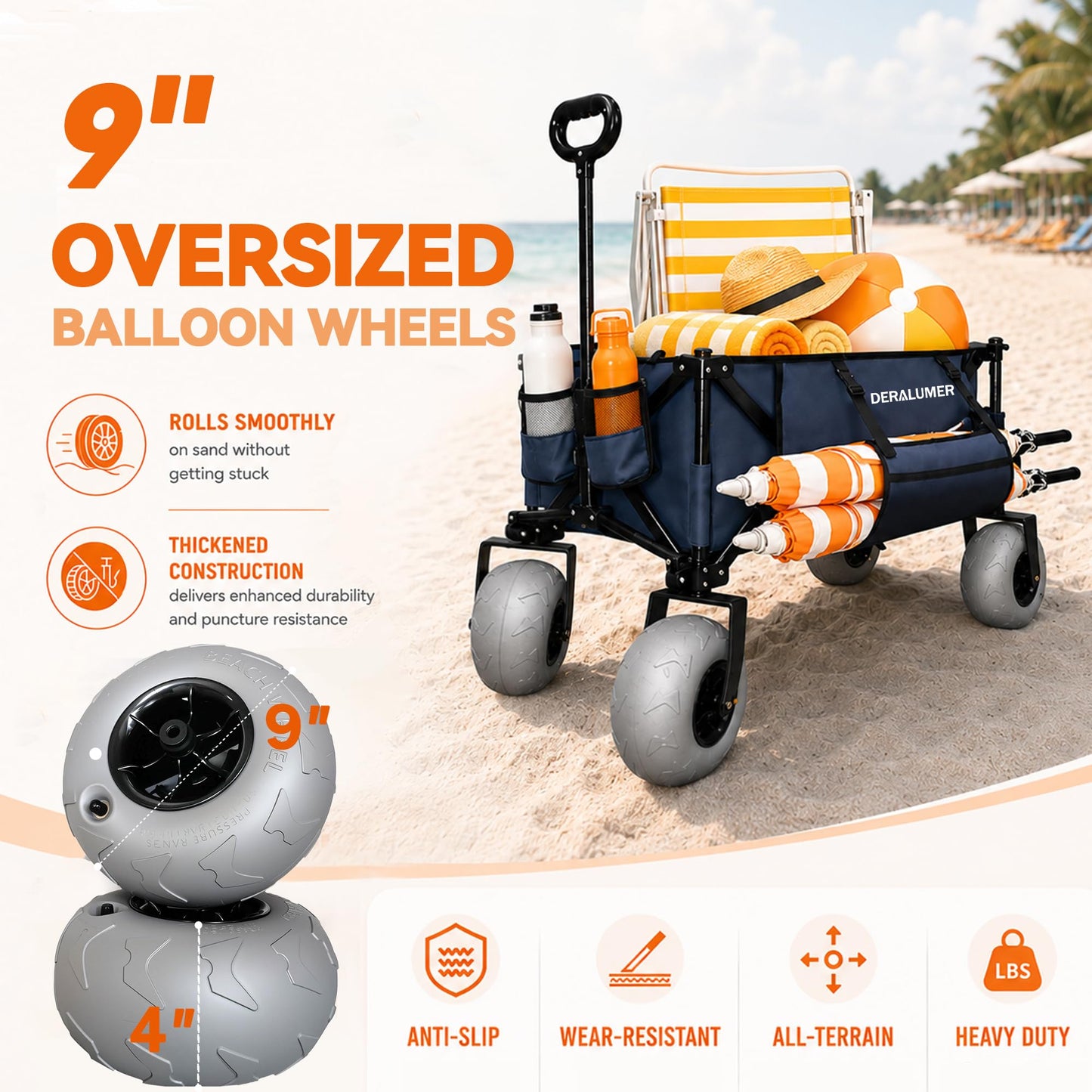 Deralumer X800 Heavy Duty Beach Wagon with 9"x4" Balloon Wheels – 200L Foldable Wagon Cart, 41" Collapsible Utility Wagon with Side Bag for Beach Essentials, Sports, Camping & Outdoor