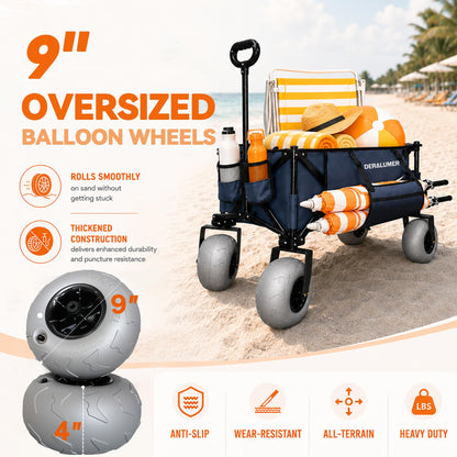 Deralumer X800 Heavy Duty Beach Wagon with 9"x4" Balloon Wheels – 200L Foldable Wagon Cart, 41" Collapsible Utility Wagon with Side Bag for Beach Essentials, Sports, Camping & Outdoor