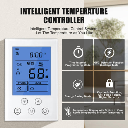 BLARALA Electric Radiant Floor Heating System, 40 Sq.ft Electric Heated Floor Mats for Bathroom, Includes Programmable Thermostat, Heat Mat, Installation Monitor, and Temperature Sensors
