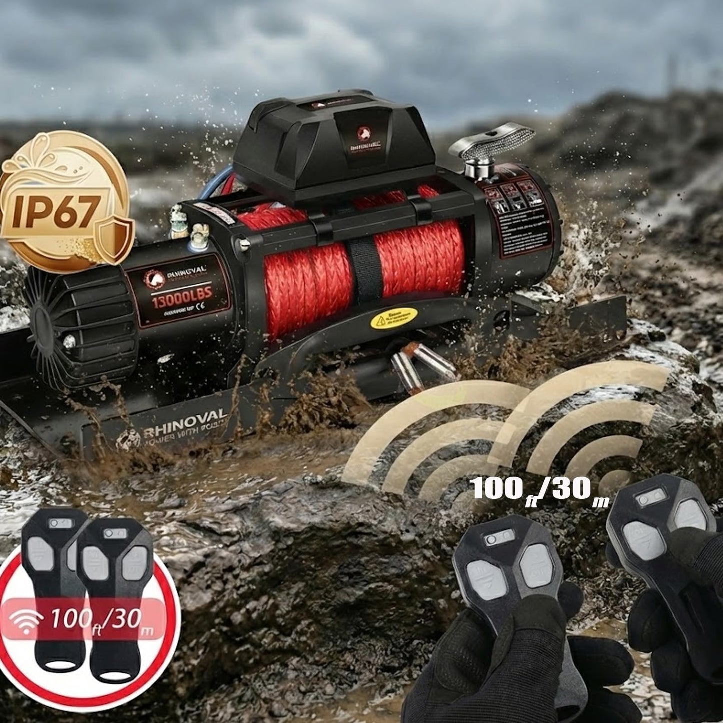 RHINOVAL 13000lb Electric Winch, Synthetic Rope, Battery Disconnect Switch, Low Profile Control Box, 12V, IP67 Waterproof, Wireless Remote, for Offroad Recovery SUV, Truck, Boat Trailers, Flatbeds
