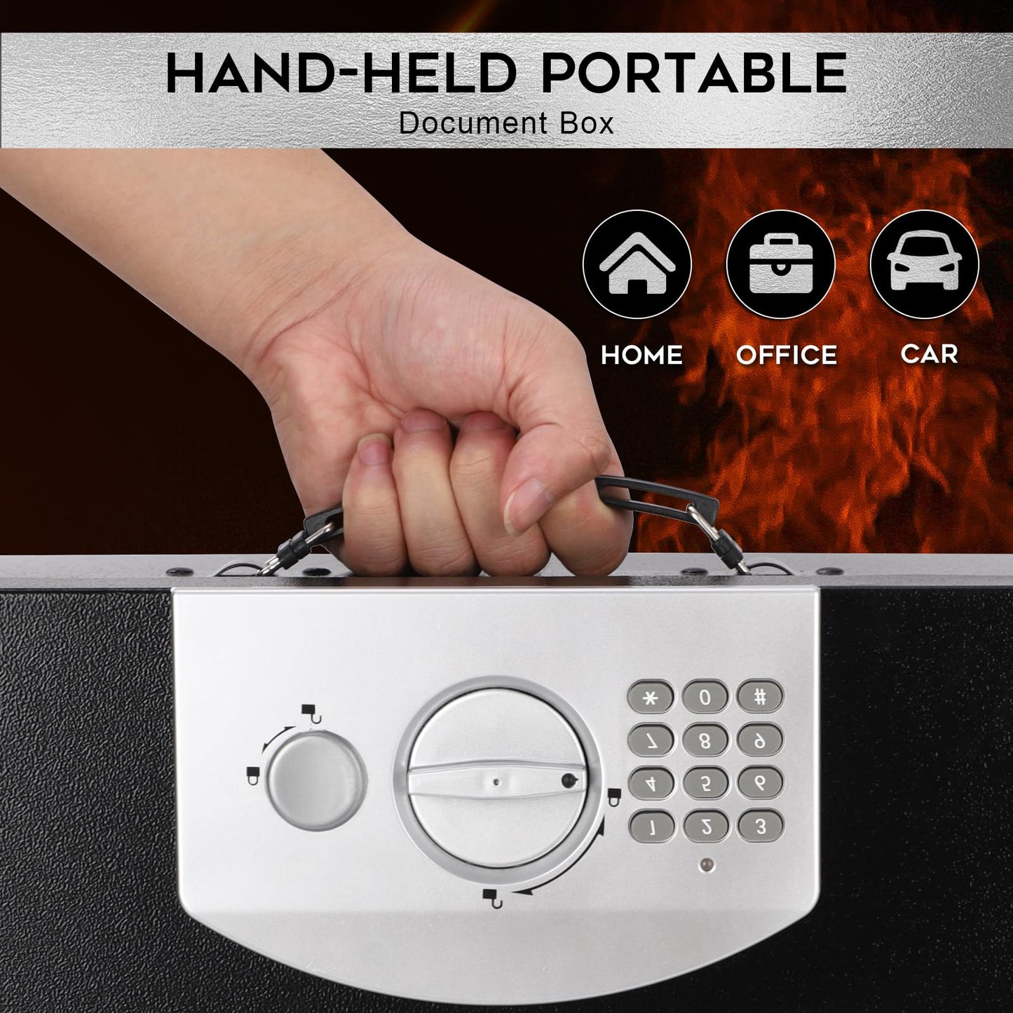 Dalmbox Portable Metal Safe Box with Digital Code Lock,Fire Resistant Storage for Documents, Fireproof Safe Box, Lock Box with Electronic Keypad, Car, Home, Office and Outside, Black XXL