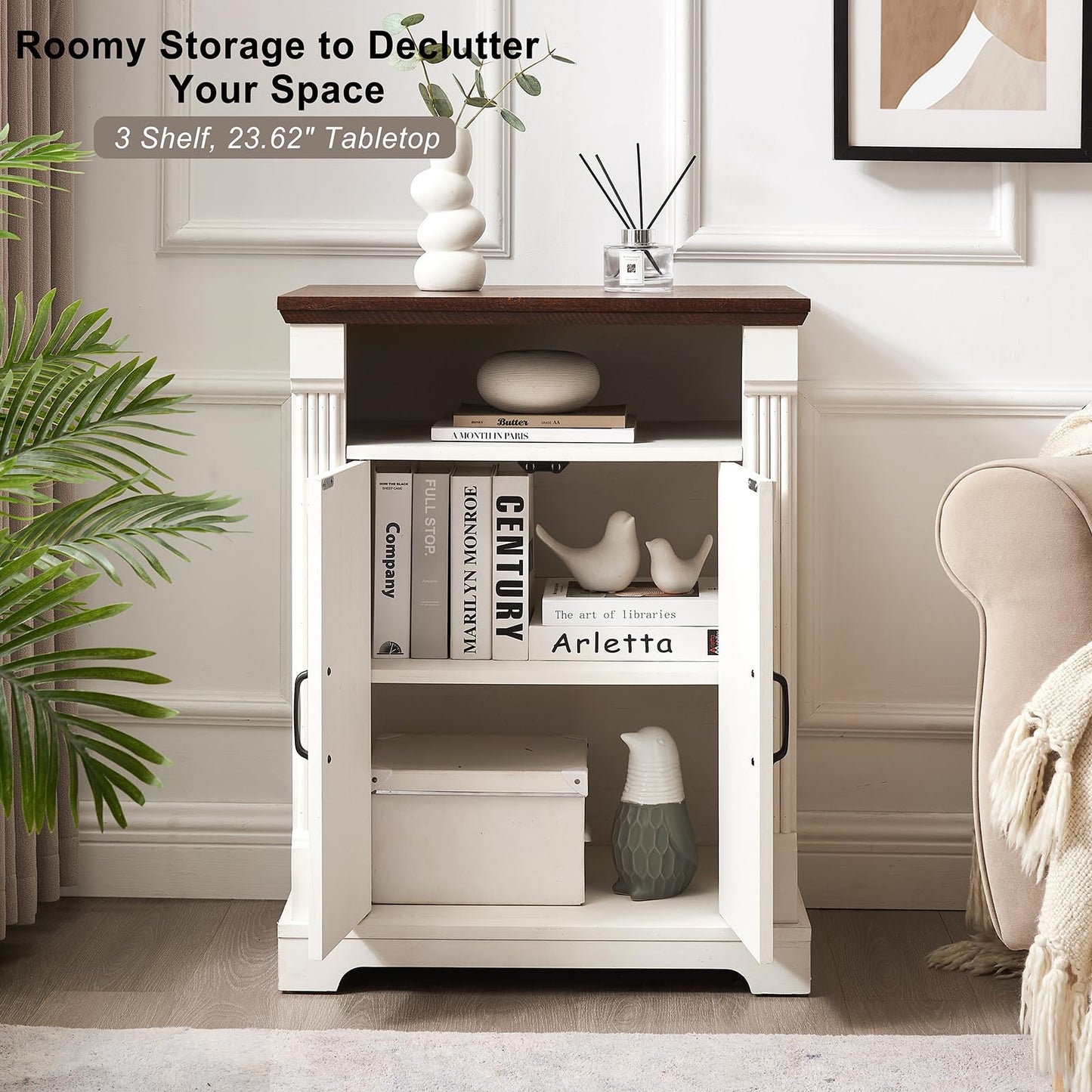 24" Farmhouse Storage Cabinet with Barn Doors, Antique White Freestanding Sideboard Buffet with Adjustable Shelf, Pantry Hutch Coffee Bar for Kitchen Bathroom Living Room - Small Floor Cabinet
