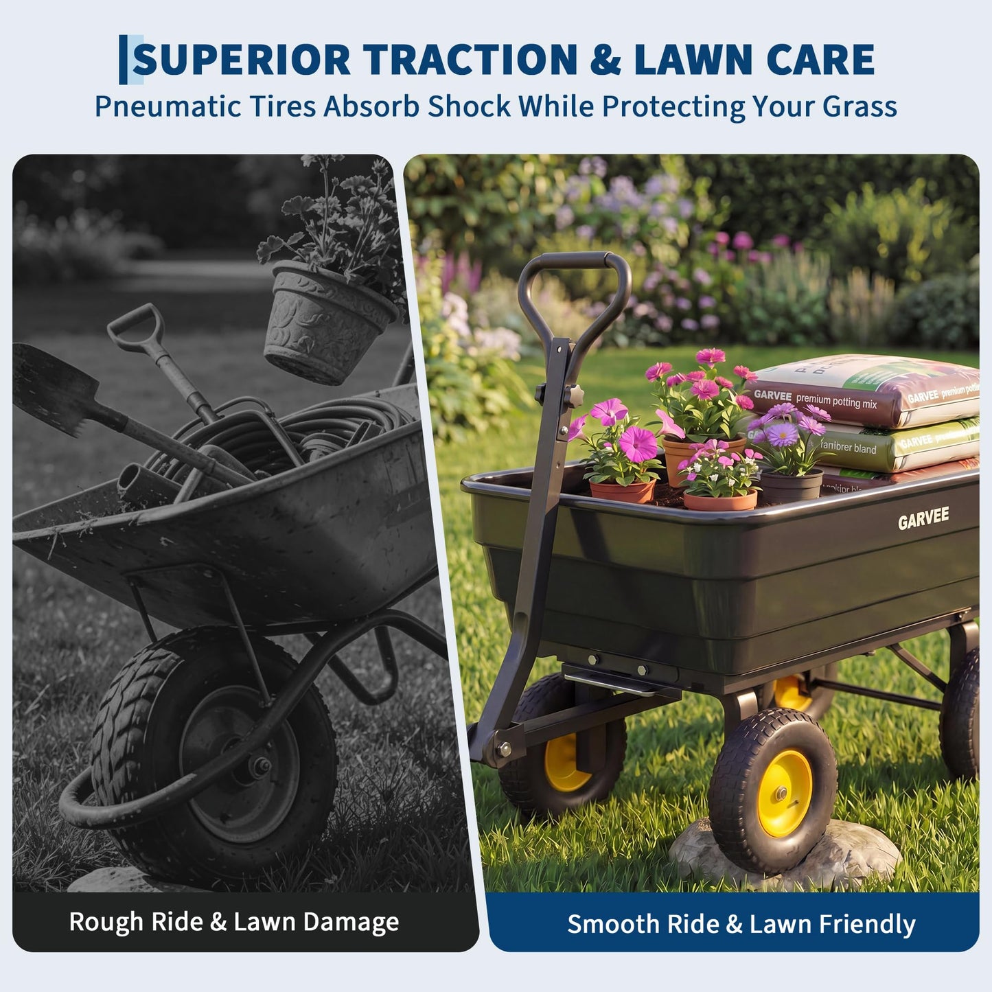 Garvee Poly Garden Dump Cart, Heavy Duty 1200lbs Wheelbarrow Yard Cart Dump Wagon with 13" All Terrain Wheels, Garden Utility Wagon with Quick Release System& Convertible Handle Attach to ATV (Black)