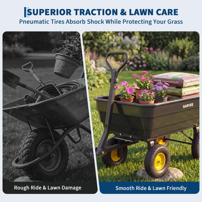 Garvee Poly Garden Dump Cart, Heavy Duty 1200lbs Wheelbarrow Yard Cart Dump Wagon with 13" All Terrain Wheels, Garden Utility Wagon with Quick Release System& Convertible Handle Attach to ATV (Black)