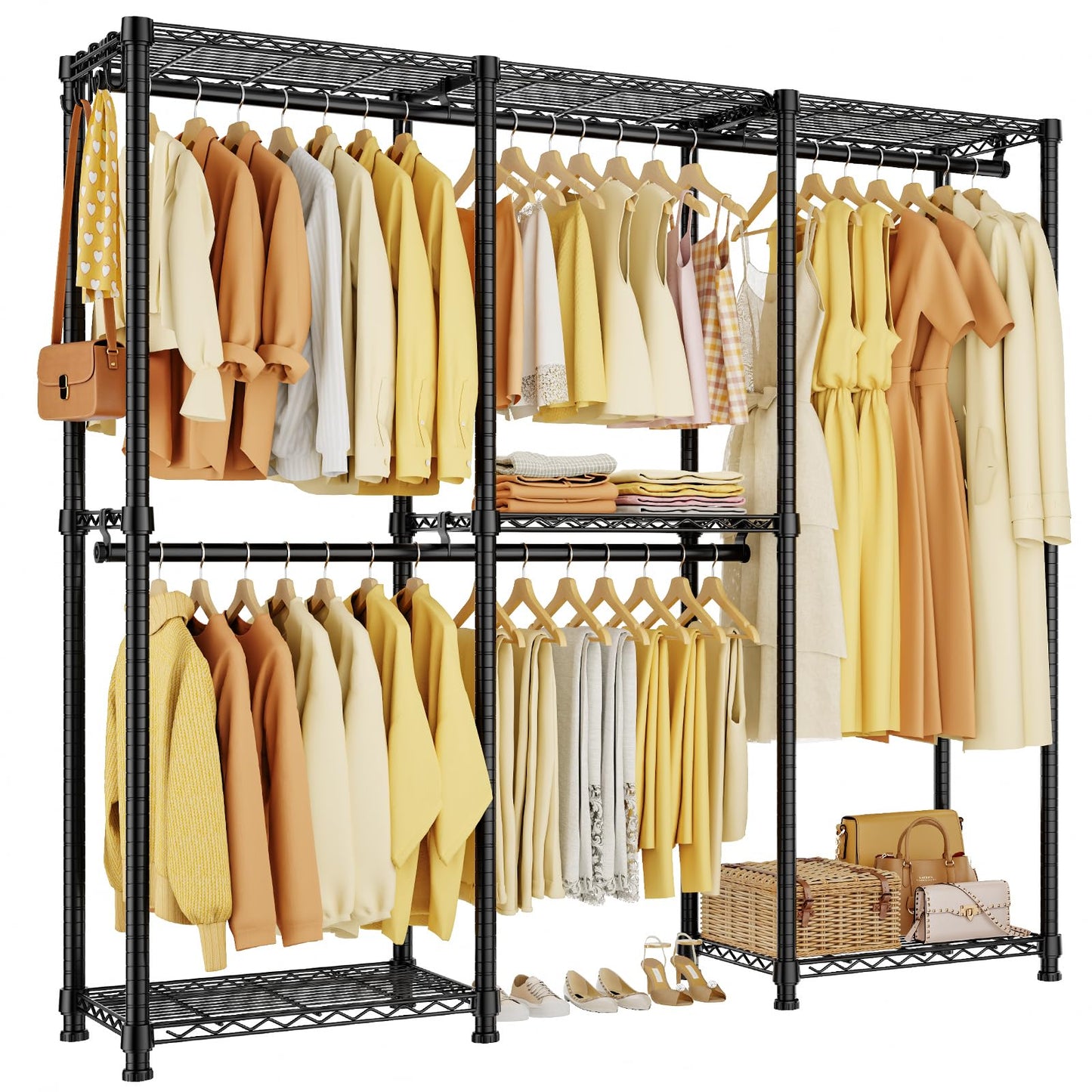 HYSEYY Portable Closet Heavy Duty Clothes Rack, Freestanding Clothing Racks for Hanging Clothes, Adjustable Garment Wardrobe Rack with 4 Hang Rods & Shelves ,73.6" L x 17.3" W x 76.4" H, Black