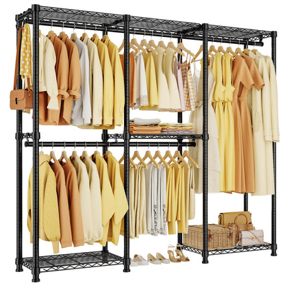 HYSEYY Portable Closet Heavy Duty Clothes Rack, Freestanding Clothing Racks for Hanging Clothes, Adjustable Garment Wardrobe Rack with 4 Hang Rods & Shelves ,73.6" L x 17.3" W x 76.4" H, Black