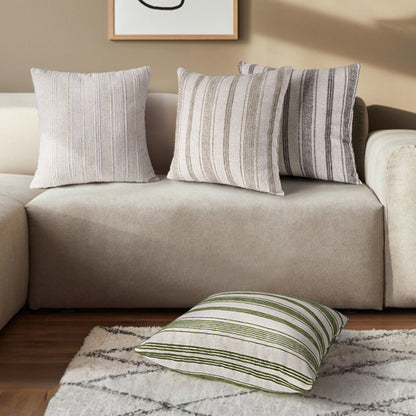 AELS 20x20 Decorative Farmhouse Linen Throw Pillow Covers, Beige with Olive Green Chenille Striped Pillow Case, Set of 2, Boho Textured Cushion Cover for Sofa Couch Living Room (Cover ONLY)