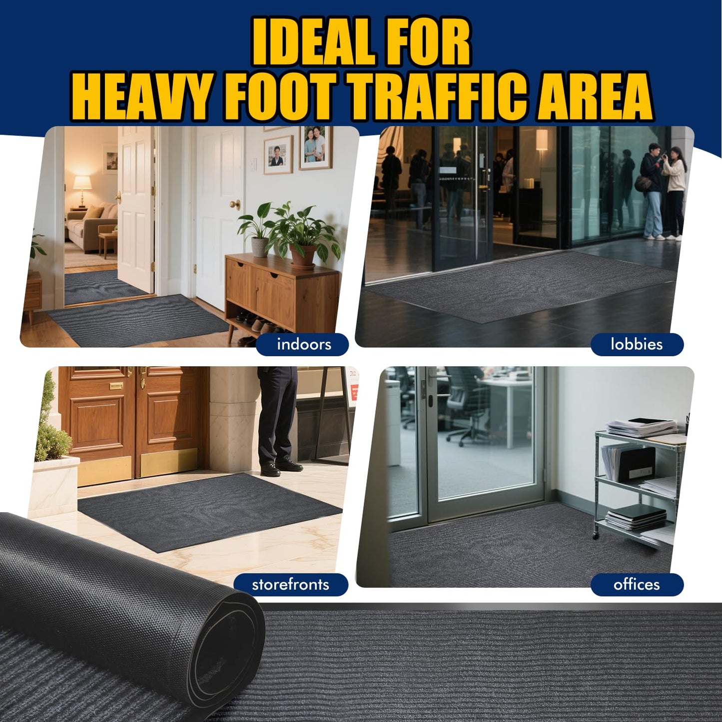 Extra Large Indoor/Outdoor Entrance Mat - 4 x 15 Feet, Rubber Border Door Mat Heavy Duty, Waterproof, Low-Profile, Easy to Clean, Rubber Entry Mat, Commercial Floor Mat, Charcoal Grey