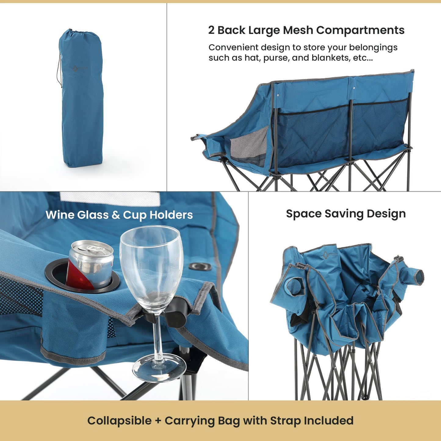 ARROWHEAD OUTDOOR 2-Pack Portable Folding Double Duo Camping Chair Loveseat w/ 2 Cup & Wine Glass Holder, Carrying Bag, Supports up to 650lbs