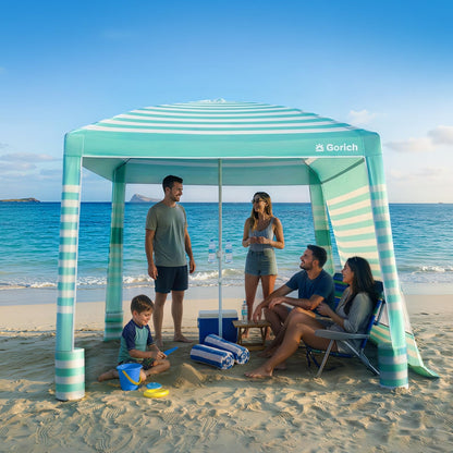 Gorich Beach Cabana with UPF50+ UV Protection, 8x8 FT/10x10 FT Beach Canopy Tent with Side Wall, Easy Setup, Windproof Portable Sun Shelter Shade for Family