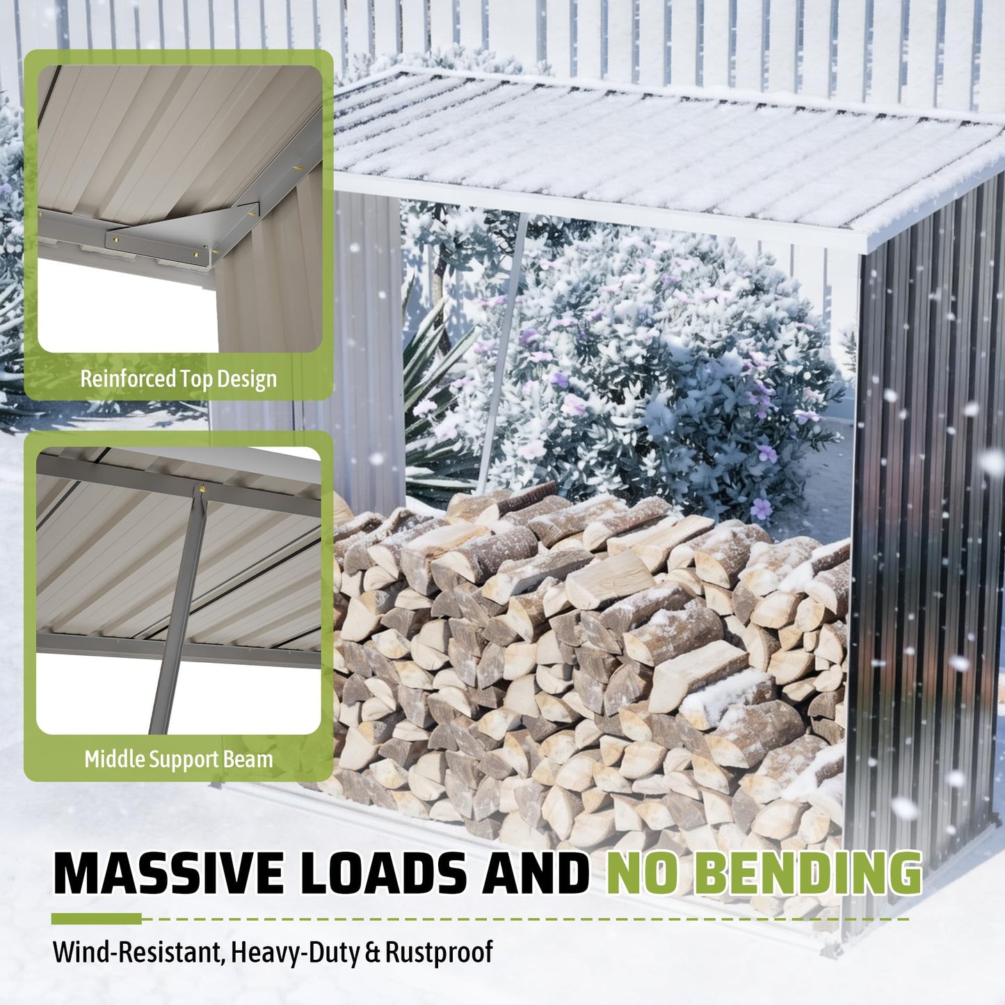 KEIKI Firewood Storage Rack with Sloped Roof, 62 Cu.Ft Weather-Resistant Patio Organizer, Outdoor Metal Storage Shed for Lawn Mower, Garden Tools, Backyard, Camping Gear