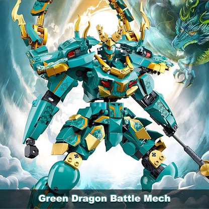 HIGH GODO Mech Robot Building Blocks Set for Adults Cool Green Dragon Warrior Model Kit with Long Spear Toy Playset 704 Pieces Collectible Mythical Ninja Gifts for Teens Ages 14+