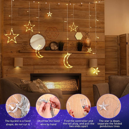 Riakrum 11.48 ft 21 LED Star and Moon String Lights Plug in Christmas Warm White Fairy Light Waterproof Decor for Bedroom USB Powered LED Curtain Light with USB Battery Box Cable Clip Wedding Party
