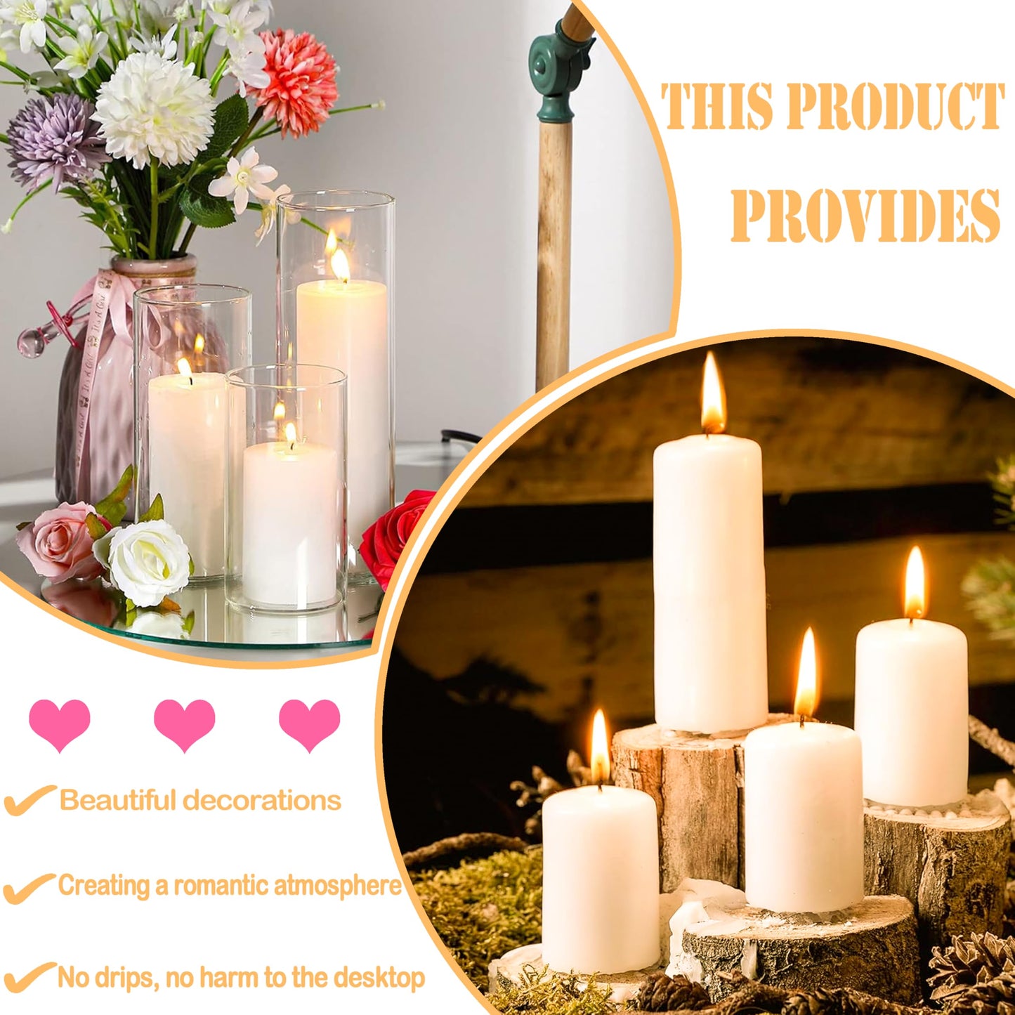 Veiuwa 72 Pack Ivory Pillar Candles Bulk Set, 2x3 2x6 2x8 Inch - 24 Each Size, Dripless Smokeless Clean Burning for Wedding Centerpieces, Home Decor, Church, Romantic Ambiance！