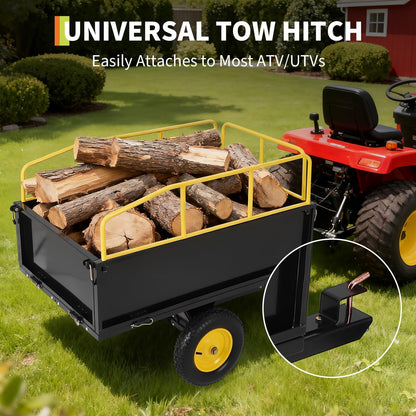 Lawn Mower Trailer ATV Dump Cart Tow Behind, 600 Lb Capacity, 17 Cu.ft, Heavy Duty Steel Garden Utility Trailer with All Terrain Tires & Removable Sides for Yard Lawn