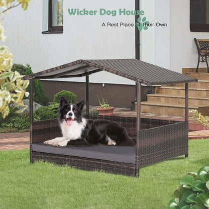 HAPPAWS Wicker Dog Bed House, Indoor Outdoor HDPE Rattan Dog Houses, Raised Dog Cot Pet House, Elevated Pets Sofa w/Washable Cover, Waterproof Roof Shelter, Removable Cushion Lounge