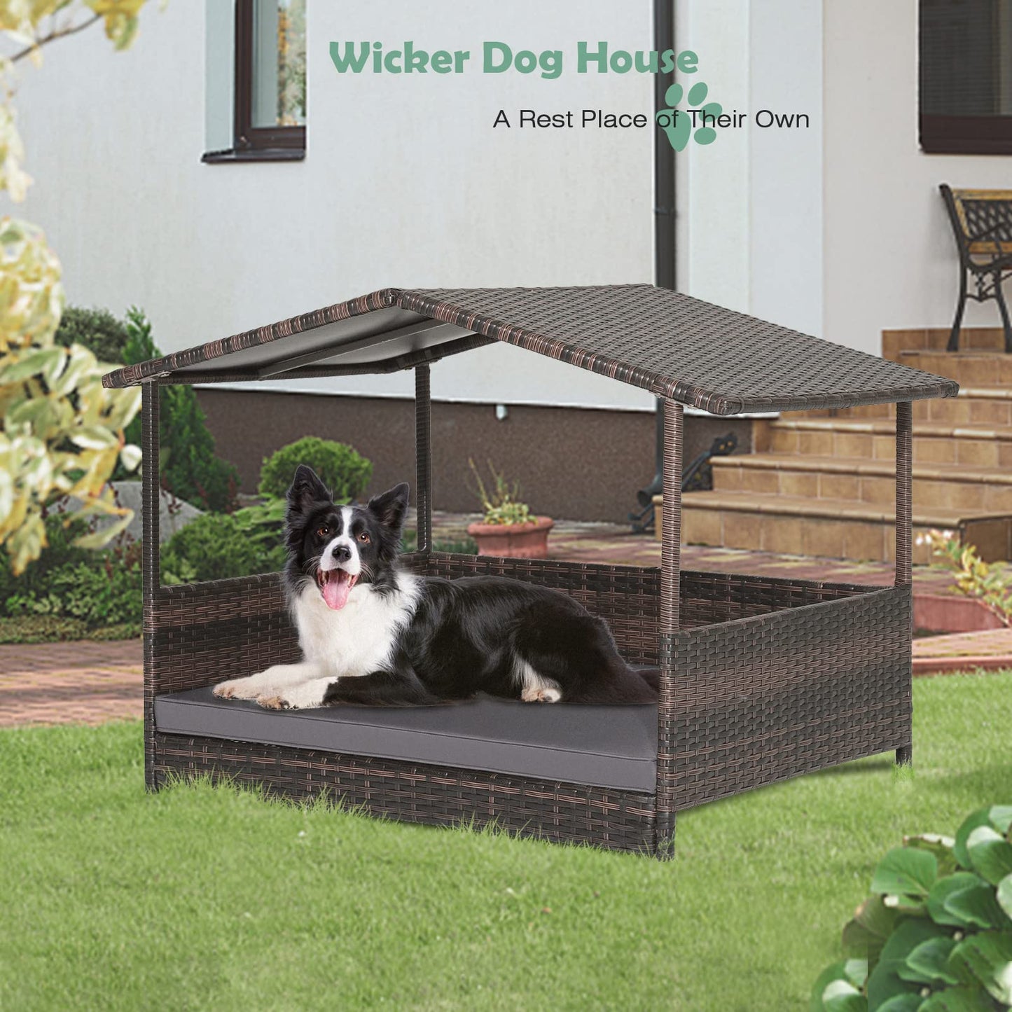 HAPPAWS Wicker Dog Bed House, Indoor Outdoor HDPE Rattan Dog Houses, Raised Dog Cot Pet House, Elevated Pets Sofa w/Washable Cover, Waterproof Roof Shelter, Removable Cushion Lounge