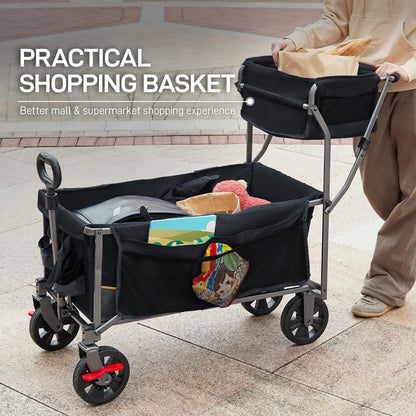 EVER ADVANCED Collapsible Push & Pull Shopping Cart with Wheels & Brakes, Foldable Wagon for Groceries with Practical Basket, Side Pockets & Cup Holders, Beach Utility Rolling Cart for Camping, Black