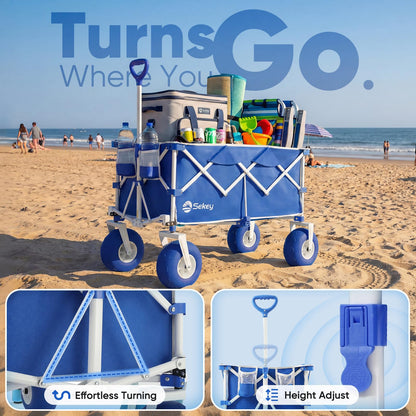 Sekey Heavy Duty Beach Wagon with 9" Wide Balloon Wheels, 600 lbs Capacity, 200L Large Foldable Wagon Cart, Adjustable Handle, All-Terrain Utility Cart for Beach Trips, Sports, and Outdoor Activities