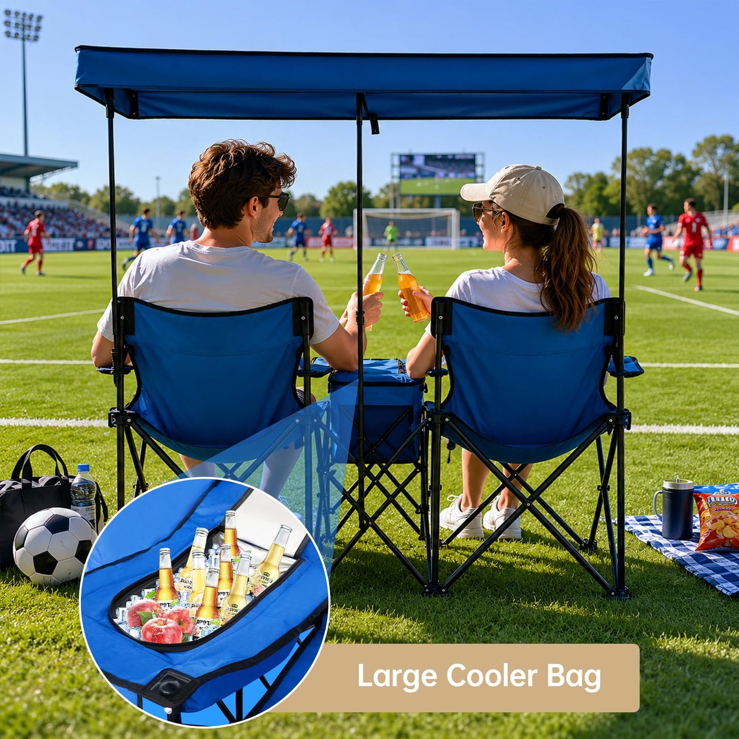 WTVIDAS Double Beach Chair with Canopy Shade Oversized Camping Chairs with Cooler Bag&Cup Holders Folding Loveseat for Outside Lawn Camping