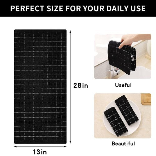 Homaxy 100% Cotton Terry Kitchen Towels(Black, 13 x 28 inches), Checkered Designed, Soft and Super Absorbent Dish Towels, 18 Pack