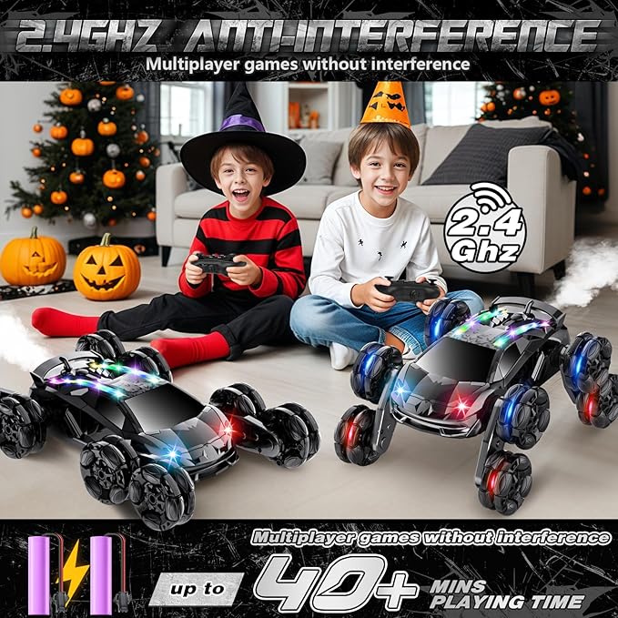 8WD Remote Control Car2.4GHz Gesture Sensing RC Stunt CarCool Spray Rotation RC Car with Lights and MusicAll Terrain Toys for Ages 5-7 Birthday Gifts for Boys Girls(Black)