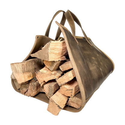 Toolshed Hide, Rustic Firewood Carrier with Handles, Foldable Log Bag, Fireplace Wood Stove Accessories, Full Grain Leather, Handmade, Bourbon Brown