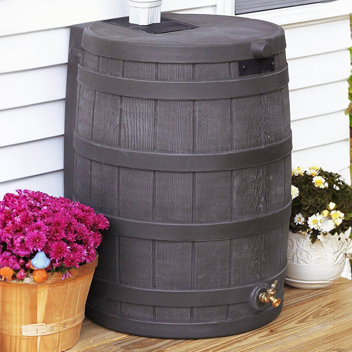 Good Ideas Rain Wizard Water Collection Plastic Barrel Tank System, 50 Gallon, Oak - Portable Outdoor Rainwater Catcher and Storage Drum with Robust Metal Spigot and Fine Mesh Screen
