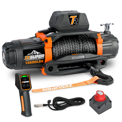 ZESUPER 13500 lb Load Capacity 12V Electric Winch 100ft Synthetic Rope Hook Winch Kit for Jeeps Trailer Truck SUV Waterproof IP68 Winches with Hawse Fairlead and 2 in 1 Wired&Wireless Handle Remote