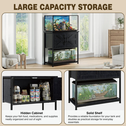 Hylemoros 20/29/30 Gallon Fish Tank Stand with Storage Cabinet Farmhouse Wood Aquarium Stand for Fish Reptile Heavy Duty Terrarium Stand for Living Room Entry Way Hallway Black