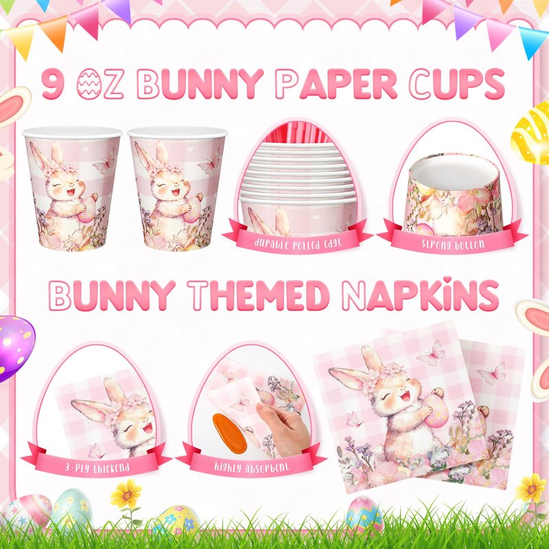 Honeydak 210 Pcs Pink Bunny Party Supplies for 30 Guests, Includes Spring Rabbit Plates, Cups, Napkins, Cutlery - Cute Pink Bunny Tableware Decoration for Baby Shower Easter Party