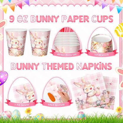 Honeydak 210 Pcs Pink Bunny Party Supplies for 30 Guests, Includes Spring Rabbit Plates, Cups, Napkins, Cutlery - Cute Pink Bunny Tableware Decoration for Baby Shower Easter Party