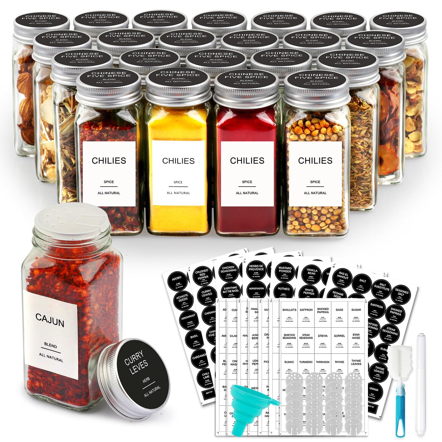 AISIPRIN 24 Pcs Glass Spice Jars with 398 Labels, 4oz Empty Square Spice Containers Seasoning Bottles - Shaker Lids, Funnel, Brush and Marker Included(Black Metal Caps)