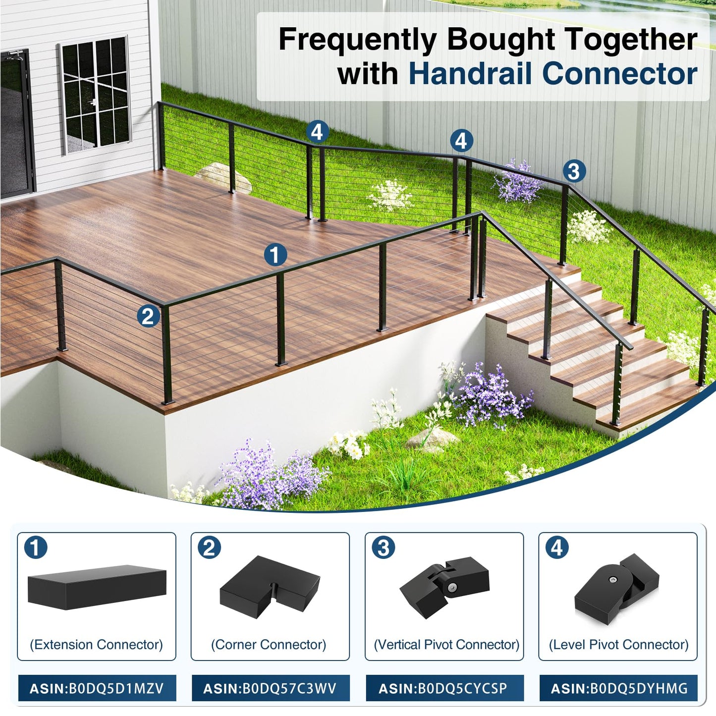 Gyykzz 4 Pack 10FT Black Rectangular Stainless Steel T304 Handrail for Cable Railing System, Flat Top Cable Railing Handrail with Extra End Caps for Indoor Outdoor Length Adjustable DIY Balustrade