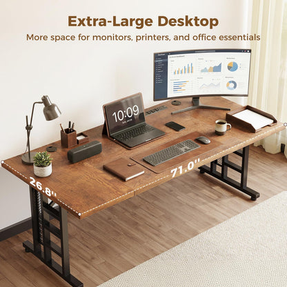 OffiGo Executive Desk, 71 Inch Office Table with Power Ports, Large Computer Desk with 3-Piece Thickened Board for Home Office, Workstation, Rustic Brown (not Adjustable)