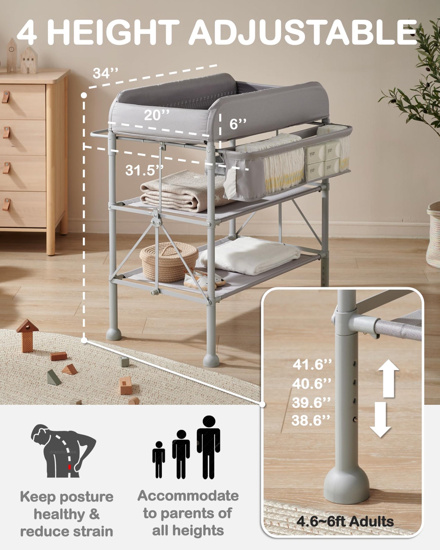 BEKA Diaper Changing Station, Portable Changing Table for Baby, Waterproof, Folding Portable Changing Station, Adjustable Height w/Organizer, Mobile Nursery Diaper Changing Table for Baby, Newborn
