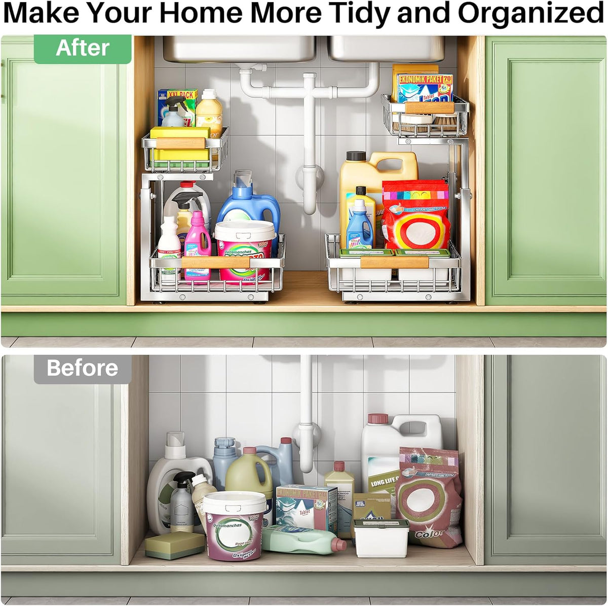 Skiennix Under Sink Organizer - Stainless Steel 2-Tier Storage Rack | Pull-Out Cabinet Shelf for Kitchen & Bathroom