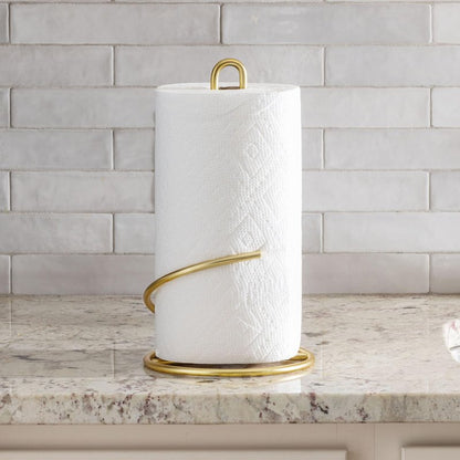 Spectrum Euro Gold Paper Towel Holder Countertop Kitchen Organizer Roll Stand Dispenser with Easy Tear Arm, Weighted Sturdy Base Fits Standard Jumbo Rolls Modern Design Durable Construction