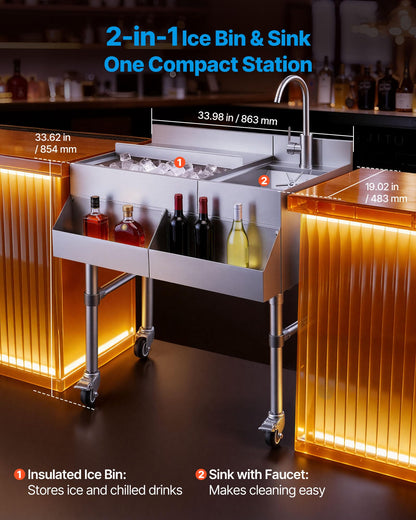 VEVOR Commercial Ice Bin with Sink & Faucet, 60 Qt Max Capacity, 24 x 19 x 35 Inch Stainless Steel Ice Chest with Sliding Lid and Bottle Holders, Cooler Cart Cocktail Unit for Bar Restaurant Pub