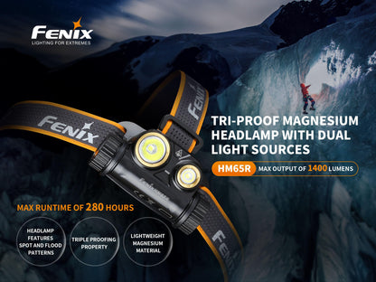 Fenix HM65R Rechargeable Headlamp, 1400 Lumens Dual Beam LED HeadLamp with USB-C Charging, IP68 Waterproof, Lightweight Design for Running, Hiking, Camping, and Work, with Lumentac Organizer