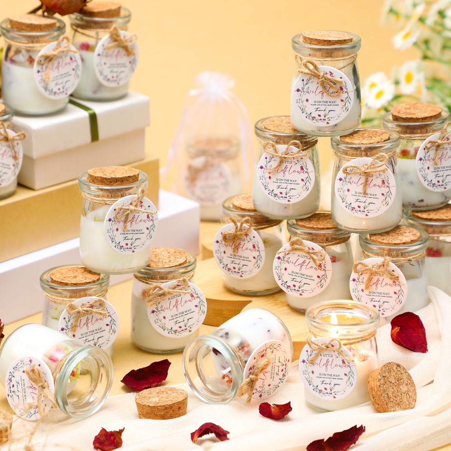 Threlaco 20 Pcs Wildflowers Baby Shower Favors Party Candle Lavender Scented Glass Mason Jar Wax Candle Bulk for Guests Girl Boy Gender Reveal Party Gifts(Colorful)